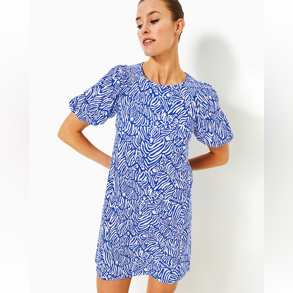 Lilly Pulitzer Royal Blue and White Printed Puff Sleeve Shift Dress